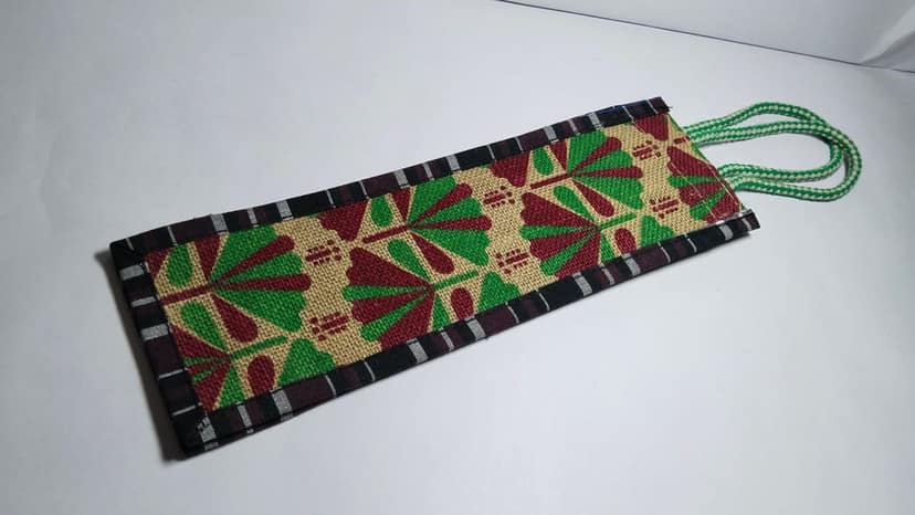 Handmade Jute Bottle Bag with Green Floral Print view 2
