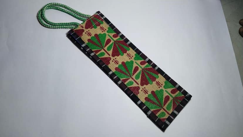 Handmade Jute Bottle Bag with Green Floral Print view 3