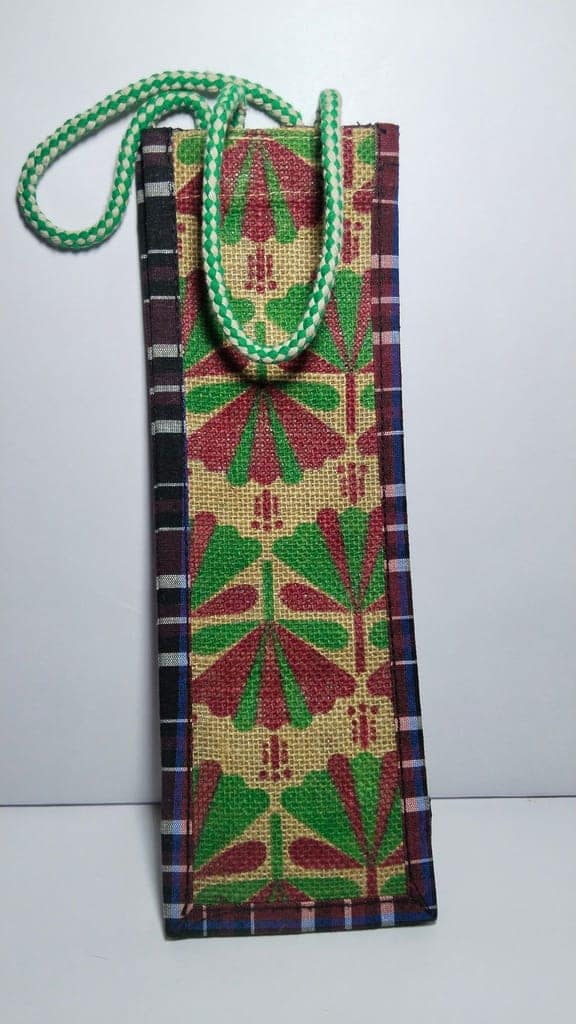 Handmade Jute Bottle Bag with Green Floral Print view 4