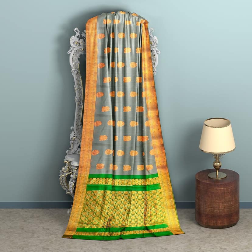 Green and grey silk saree with zari border