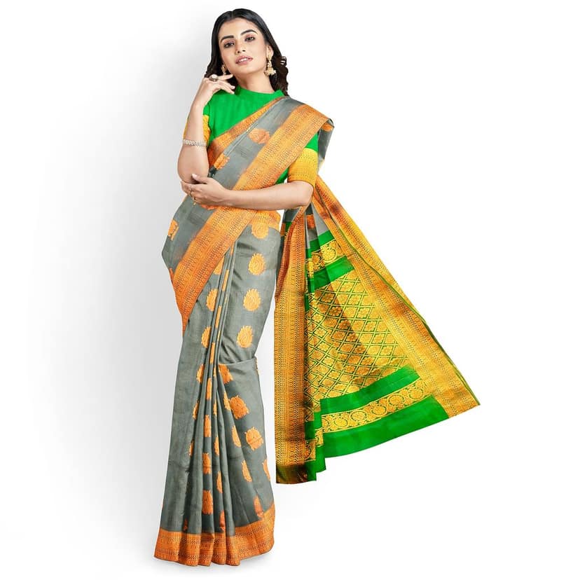 Green and grey silk saree with zari border view 2