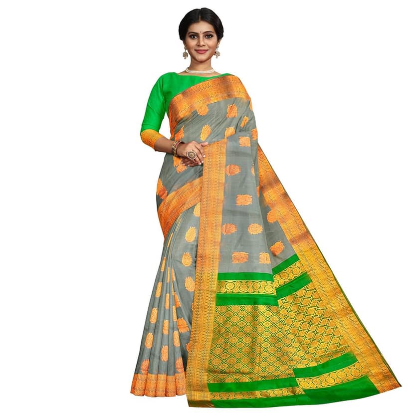 Green and grey silk saree with zari border view 3