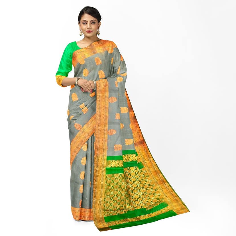 Green and grey silk saree with zari border view 4