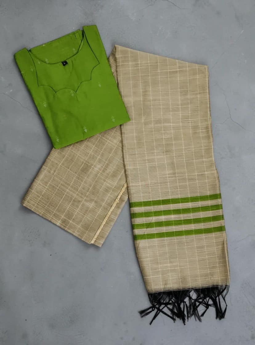 Parrot Green Mangalagiri Raw Silk Kurti with Buttas and Dupatta view 6