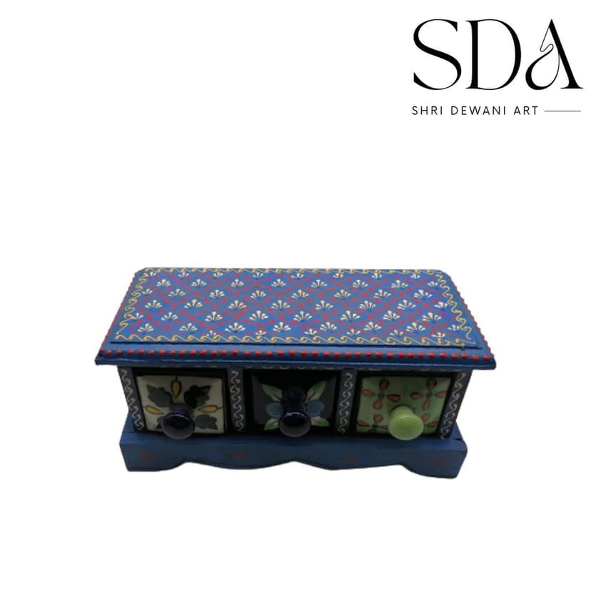 Wooden & Ceramic 3 Chest Of Drawer, Home Decor Desk Organiser, Handmade Hand Painted, Ethnic, Indian Style Christmas Gift Drawing Room Decor view 2