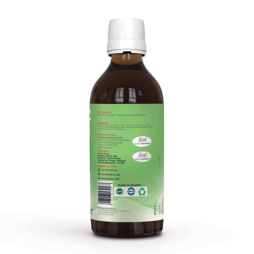 Dr. Patkar's ACV HRT Apple Cider Vinegar with Mother of Vinegar, Garlic, Ginger, Lemon, Honey, Raw & Unfiltered, 200 ml Amber Glass Bottle view 2