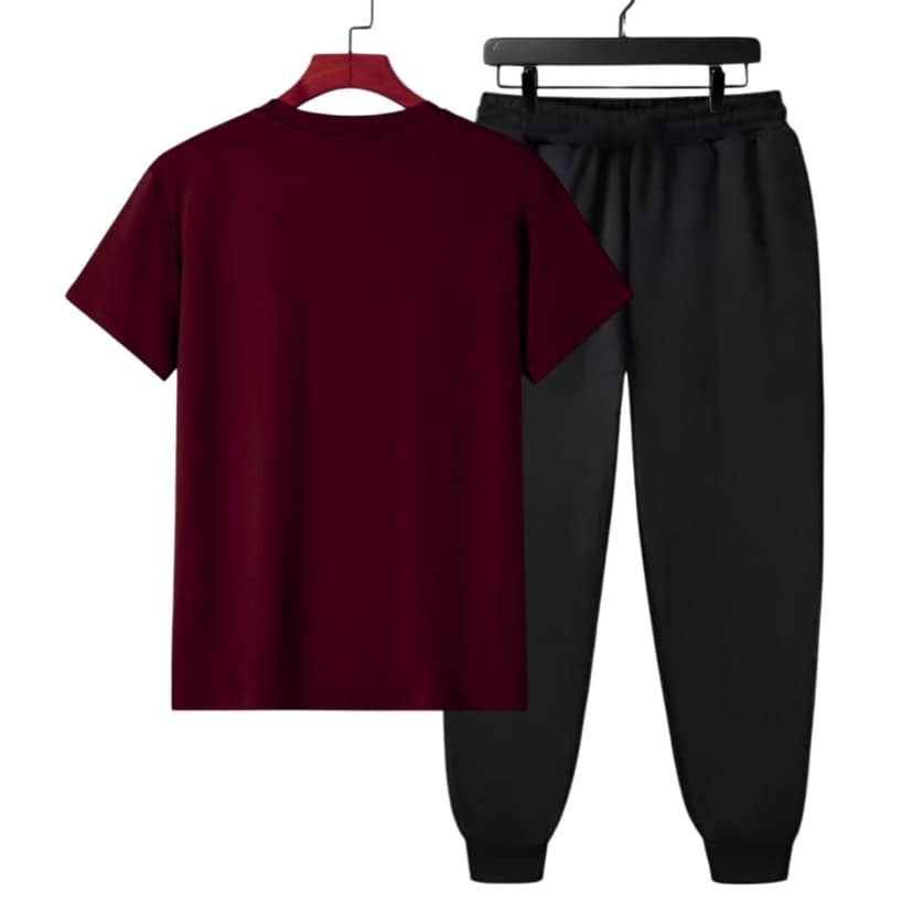 HAZAWA Men's colorblock Tracksuit, T-Shirt & Black Jogger Pants, trendy new collection, Stylish Co-ord set, New Collection , Gymwear, Maroon view 2