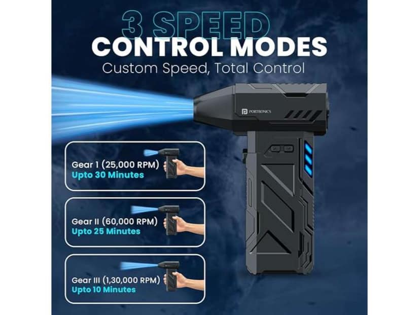 Portronics Tornado Type-C Rechargeable Air Duster, BLDC Motor, 3 Speed Controls Up to 1,30,000 RPM, LED Display, Built-in LED Light, Multiple Nozzle Attachments view 3