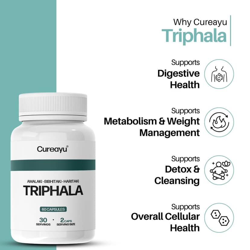 Cureayu Triphala Capsules | Support Healthy Digestion & Gentle Detox | Promote Overall Gut Wellness view 2