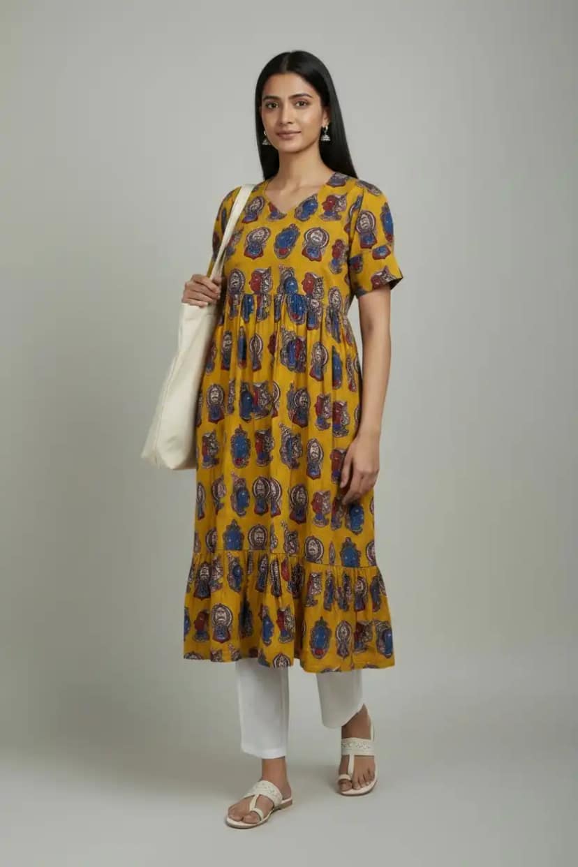 Pedana Kalamkari Tiered Cotton Dress in Mustard and Blue view 2