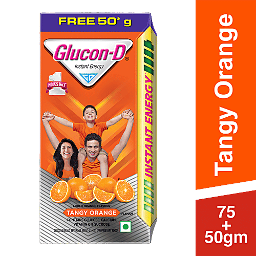 Glucon-D Instant Energy Health Drink - Tangy Orange, 75 g (Get 50 g Free)