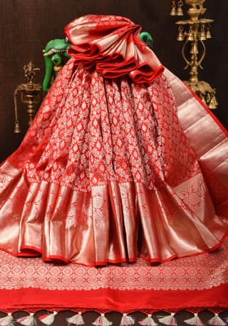 Red and White Gold Exquisite Kanjivaram Pure Silk saree with Ornate Jaal Brocade | SILK MARK CERTIFIED