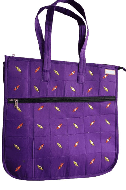 Stylish Quilted Purple Cotton Tote Bag with Colorful Embroidery