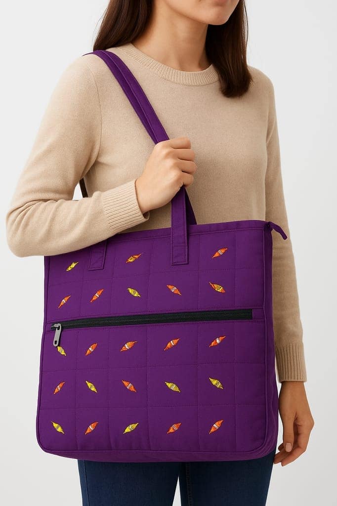 Stylish Quilted Purple Cotton Tote Bag with Colorful Embroidery view 3