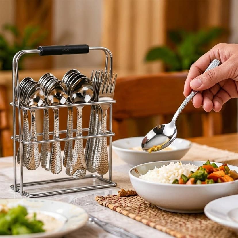 Hammered Stainless Steel Cutlery Set with Metal Stand for Dining (24 Pc) view 2
