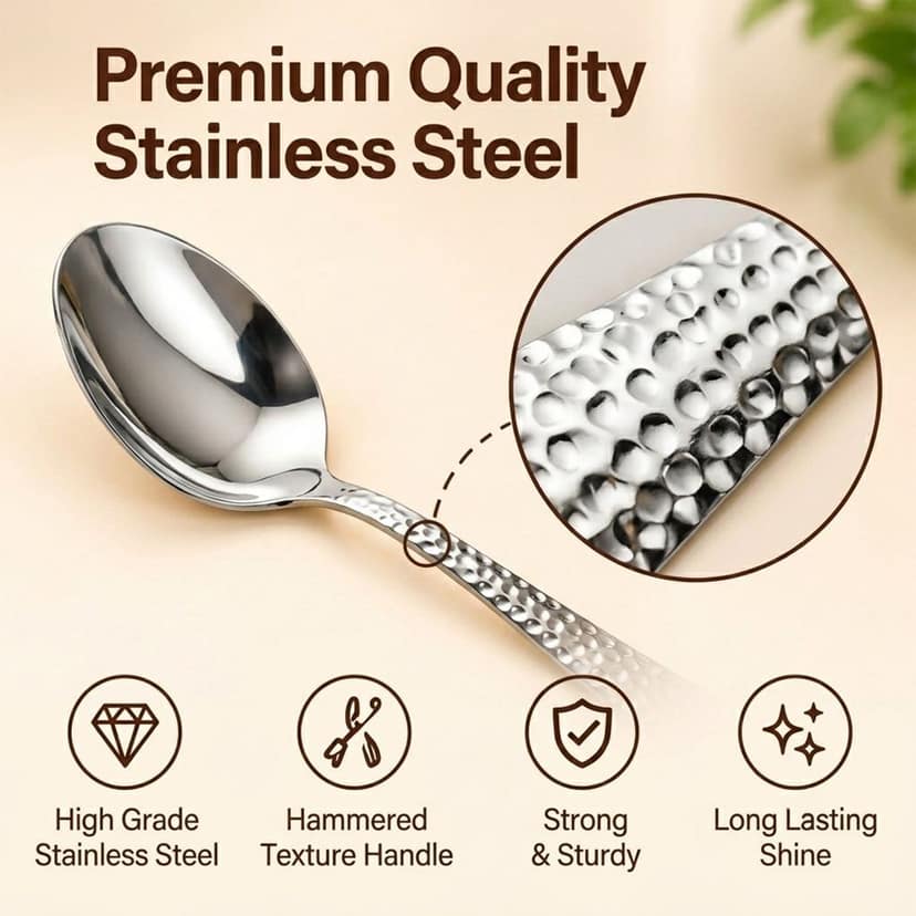 Hammered Stainless Steel Cutlery Set with Metal Stand for Dining (24 Pc) view 3