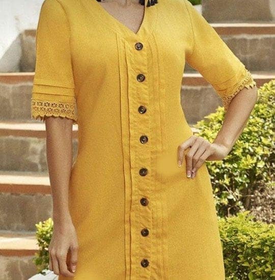 Solid yellow Buttoned Knee length Dress view 2