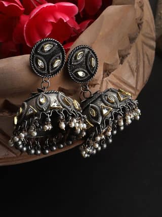 Cardinal Oxidized Metallic Kundan Moti Light Weight Jhumka