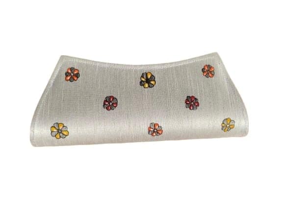 Madhubani hand painted cotton silk clutch with a beautiful woman and peacock design view 2