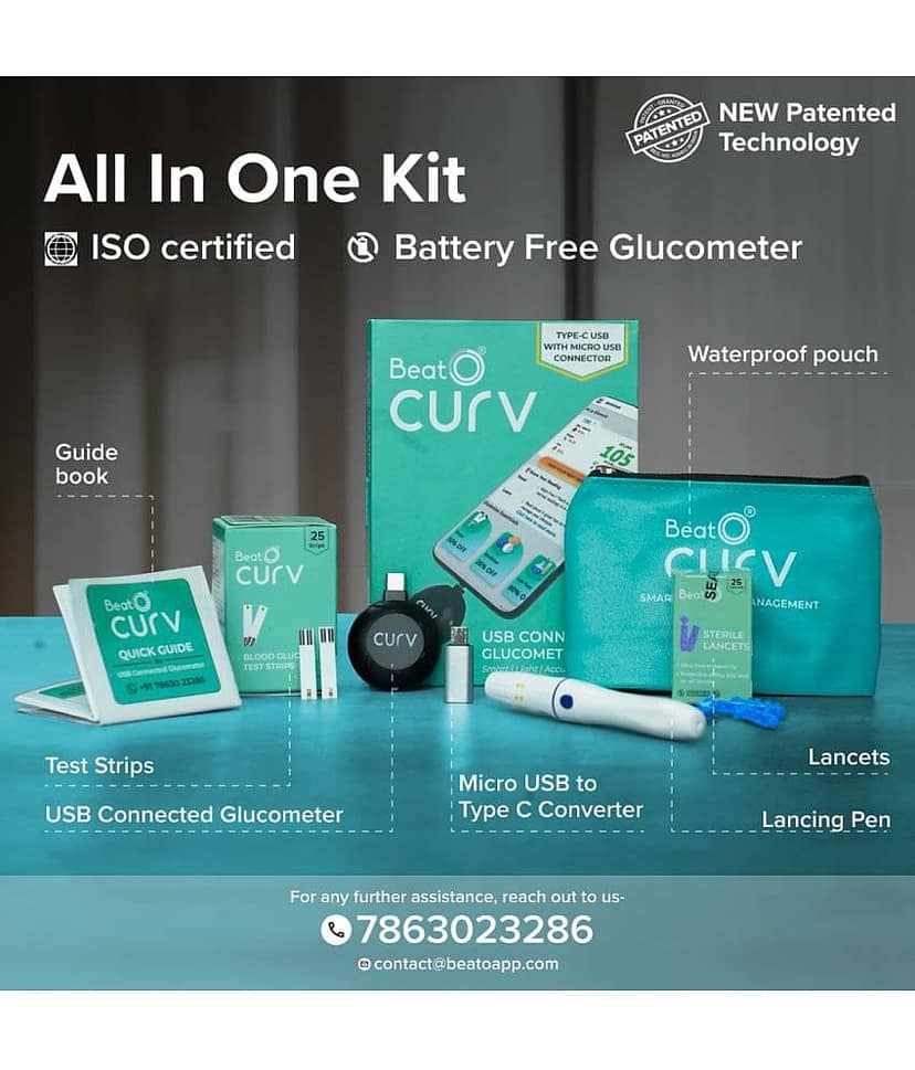 BeatO CURV Sugar Test Machine With 25 Strips & 25 Lancets (Type-C USB Connector), Accurate testing of Blood sugar, Android Only view 2