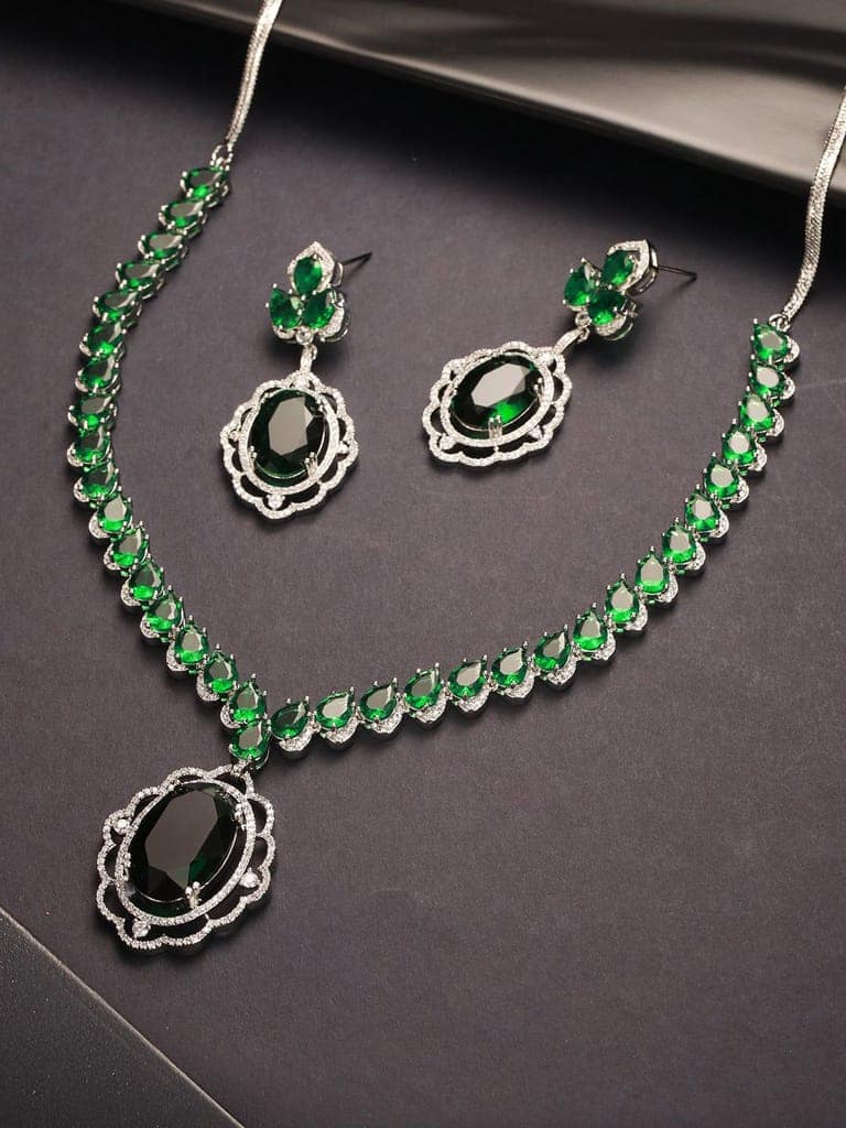 Silver Rhodium Plated Emerald Green Cubic Zirconia Designer Bridal Pendant Jewellery Set