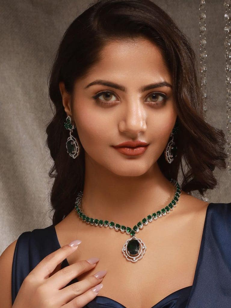 Silver Rhodium Plated Emerald Green Cubic Zirconia Designer Bridal Pendant Jewellery Set view 2