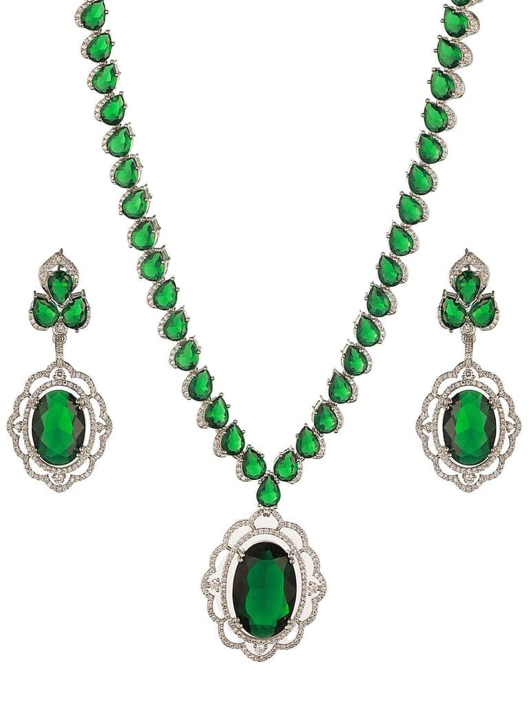 Silver Rhodium Plated Emerald Green Cubic Zirconia Designer Bridal Pendant Jewellery Set view 6