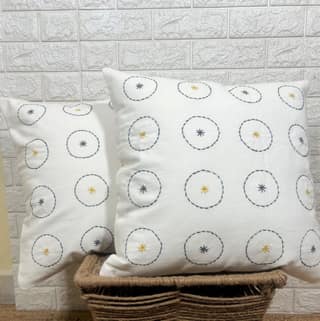 Indihomecraft Handicraft Cotton Cushion Cover - Hand Stitched Embroidery Decorative Art Boho Pillow Boho Round Shape Hand Made Pillow Cover | Square Shape 18X18 Inches Cushion Cover Set of 2
