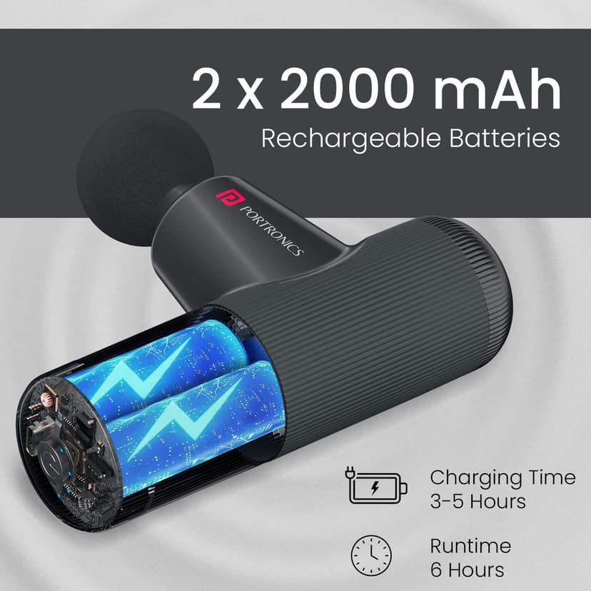 Portronics Zeno Go, Comes with 4 Massage Heads, 4 Speed Levels Up to 2600 RPM, BLDC Motor, 2 x 2000 mAh Rechargeable Batteries, For Neck, Shoulders, Back, Arms, Legs & Feet view 3