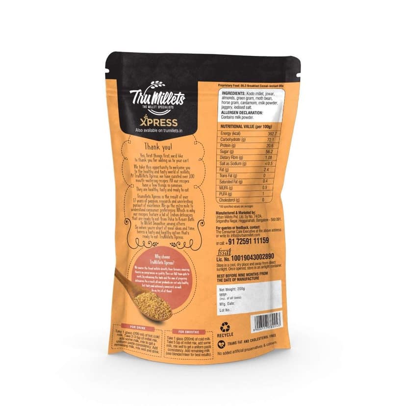 Trumillets Xpress - Healthy Millet Drink - Instant Mix | Nutrition for Adults (both Men and Women) and Kids- Health,Strength and energy| Gluten Free | No Preservatives| Badam Milk -200g view 2