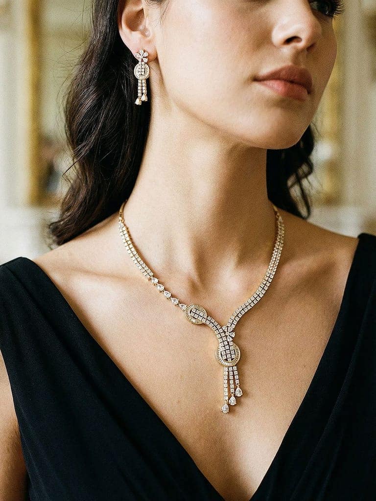Gold Toned White AD Zircon Knotted Statement Pendant Jewellery Set view 2