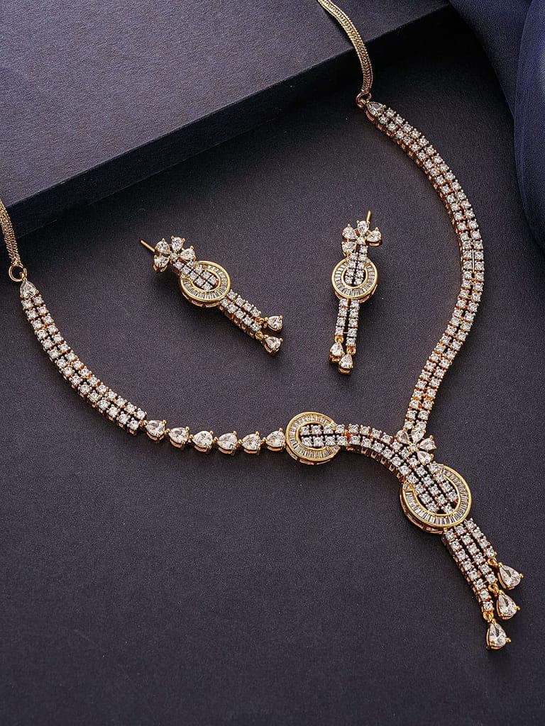 Gold Toned White AD Zircon Knotted Statement Pendant Jewellery Set view 3