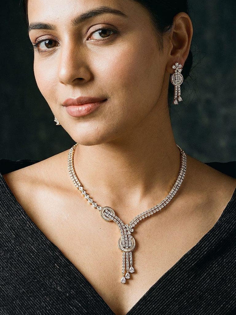 Gold Toned White AD Zircon Knotted Statement Pendant Jewellery Set view 4