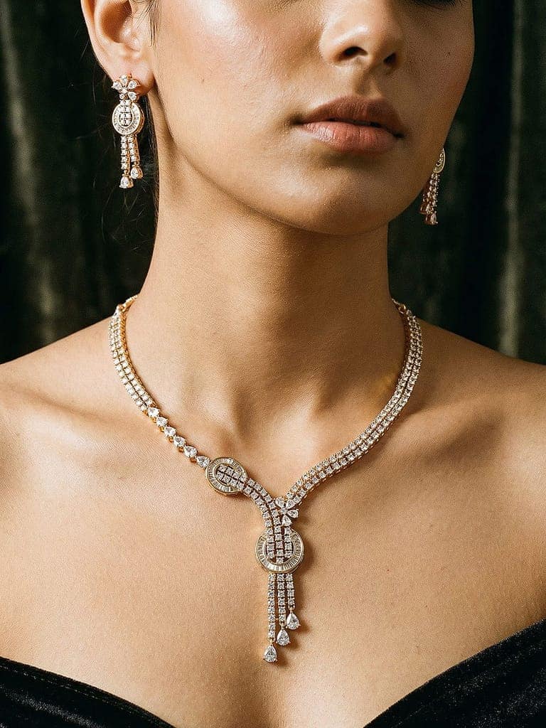 Gold Toned White AD Zircon Knotted Statement Pendant Jewellery Set view 5