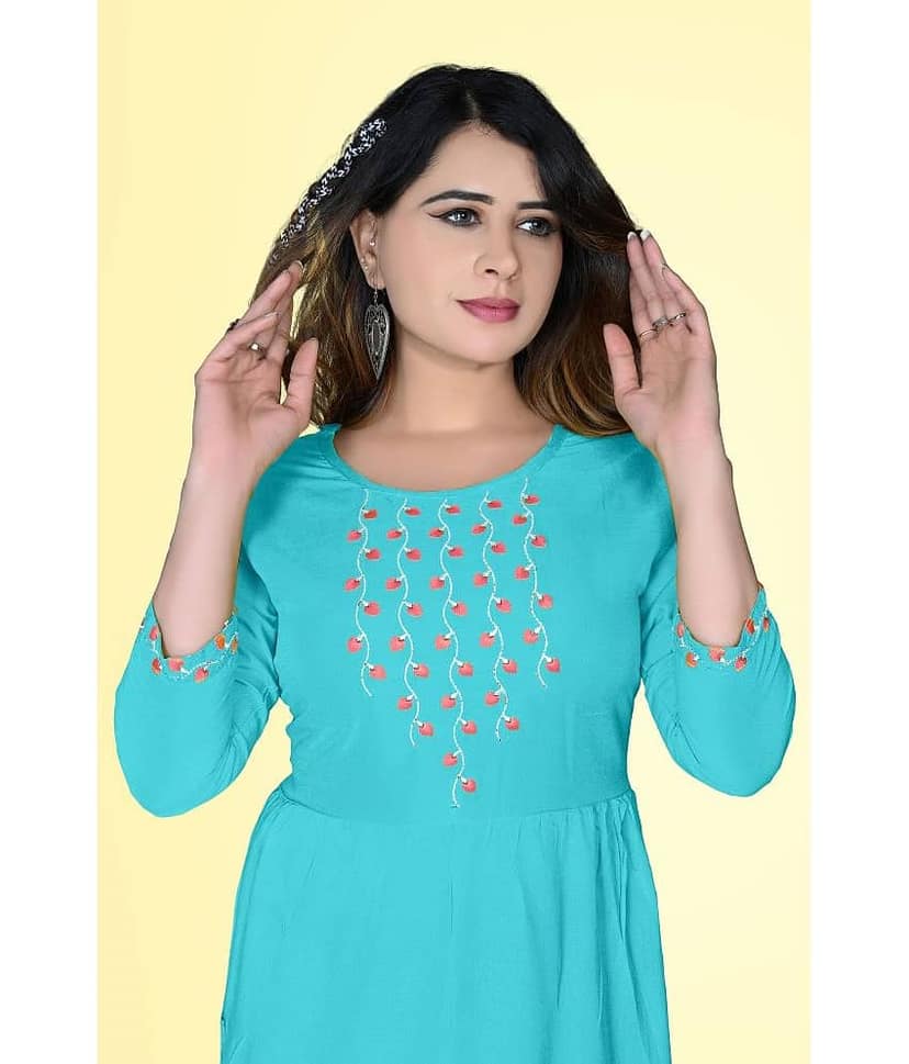 HAYA - Turquoise Rayon Women's Straight Kurti ( Pack of 1 ) view 2