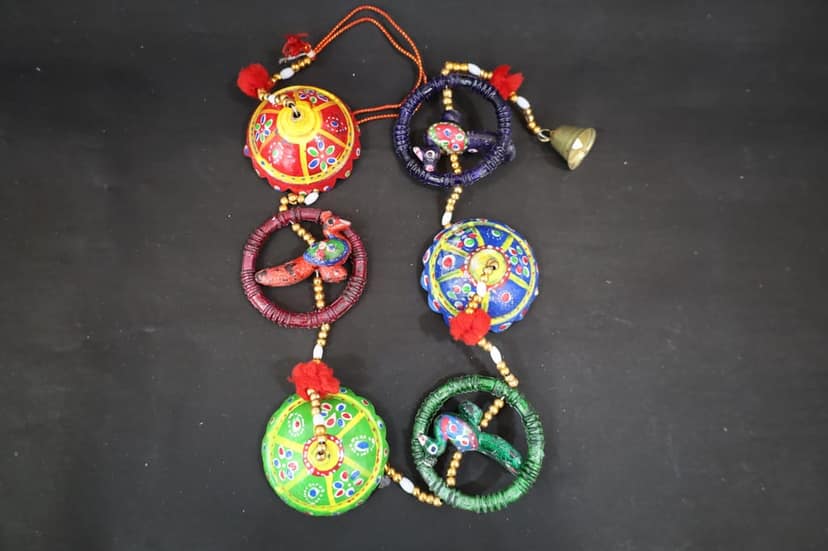 Handcrafted Wall Hanging with Decorative Spheres, Traditional Indian Design, Multicoloured Bells and Beads view 2