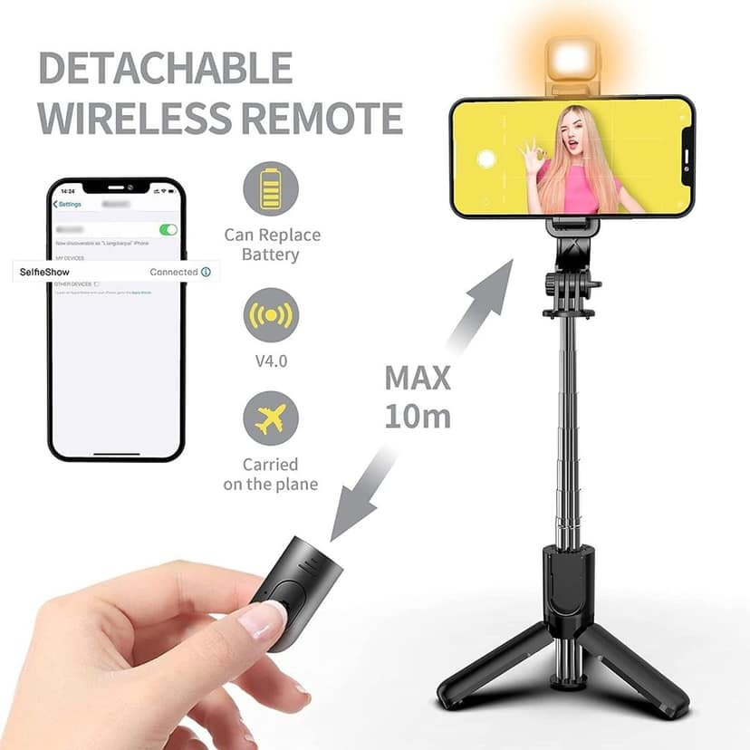 Selfie Stick with Tripod Stand, 3 in 1 Multifunctional design, Rechargable LED Light with Two Brighness Levels for Make up, Selfie, Vlogging & Photo Shoot, Selfie stick with Bluetooth Remote view 3