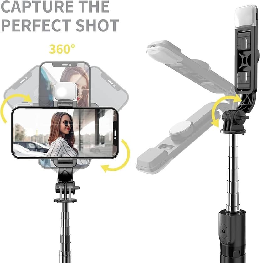 Selfie Stick with Tripod Stand, 3 in 1 Multifunctional design, Rechargable LED Light with Two Brighness Levels for Make up, Selfie, Vlogging & Photo Shoot, Selfie stick with Bluetooth Remote view 5