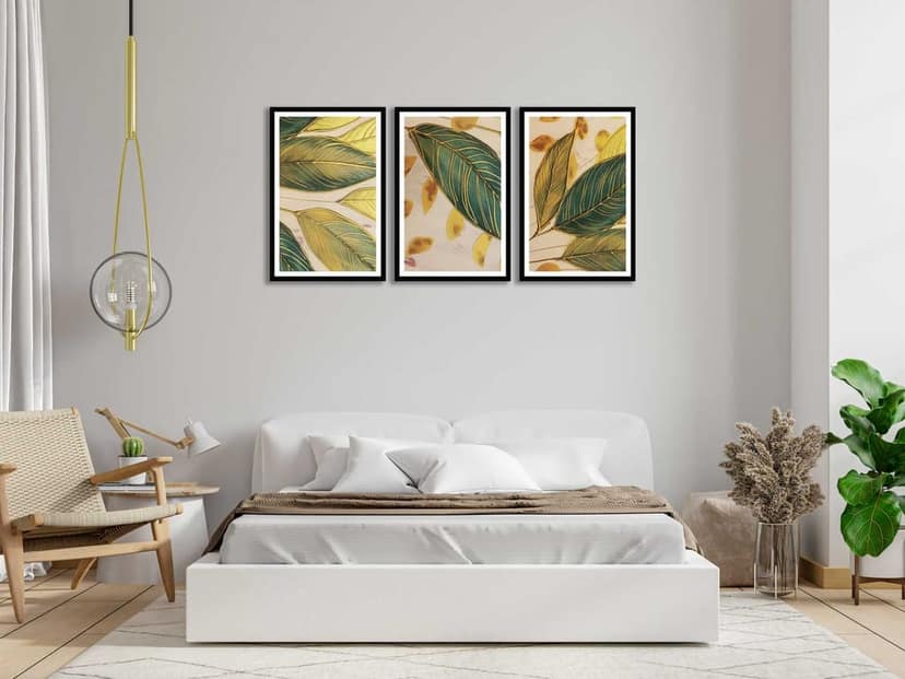 SET OF 3 GREEN AND GOLD WALLART 48in X 24in WITH BLACK FRAME