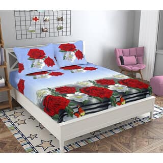 Black Bee White Red Gerbera Floral 3D Print Double Bedsheet With 2 Pillow Covers (208 X 213 Cm)(Bs20-06)