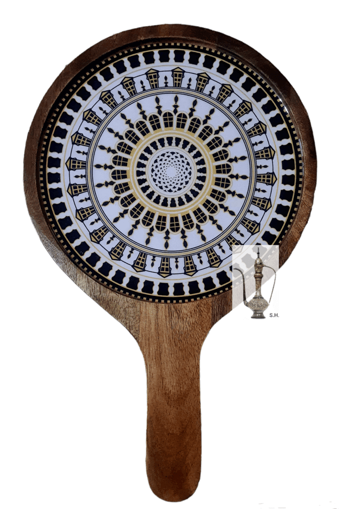 Sara Home Mango Wood Serving Pizza Platter/Chipdip/Dosa/Chees/Snacks Tray Printed Enamel Serving Platter with Handle Appetizer Plate Serving Platter view 2