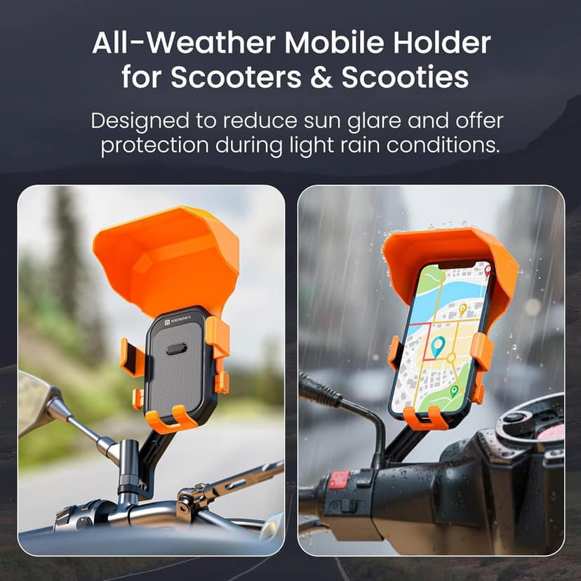 Portronics Mobike 5 Plus Mirror Mount Mobile Holder with Sunshade & Light Rain Protection, One-Press Release, 360° Rotation, 4-Point Grip Lock, Fits 5.4–6.7 Inch Smartphones, for Maps & Navigation view 2