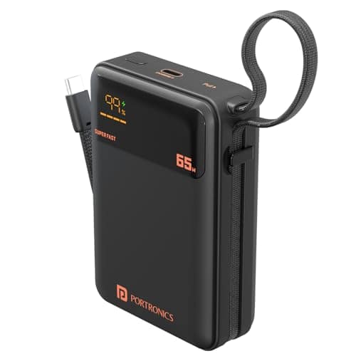 Portronics 65W Ignis 65 20000mAh Fast Charging Powerbank with in-Built Type C Cable for Android Smartphones, iPhones, ipads, Tablets & Macbooks, Type C PD Port, LED Display, Strong Lanyard (Black) Portronics 65W Ignis 65 20000mAh Fast Charging Powerbank view 2
