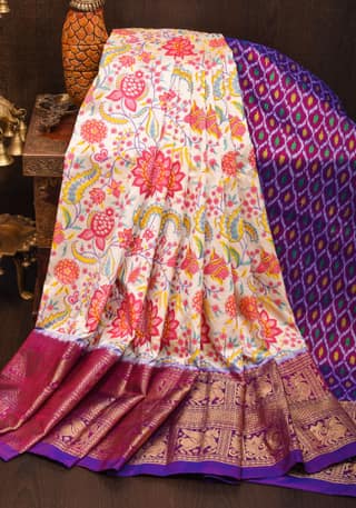Exquisite Pochampally Ikkat Kanjivaram Pure Silk Digital Print saree in Beige and Purple with Zari Border I SILK MARK CERTIFIED