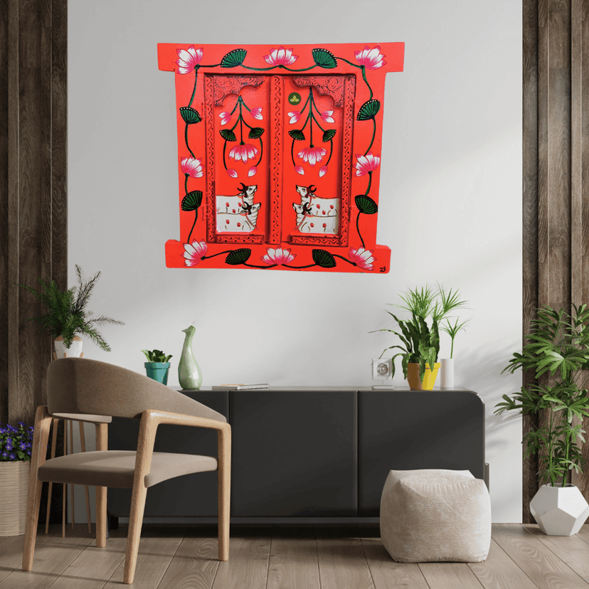 Hand Painted Pichwai Art Wooden Orange Color Jharokha With Door view 2