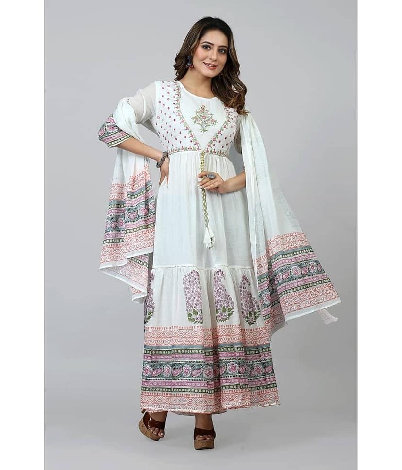 SARRAS - White Flared Cotton Women's Stitched Ethnic Gown ( Pack of 1 )
