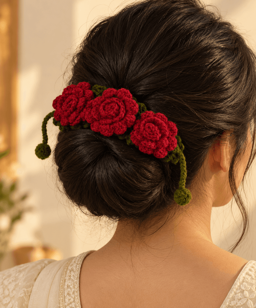 Handmade Red Rose Crochet Gajra for Traditional Hairstyles