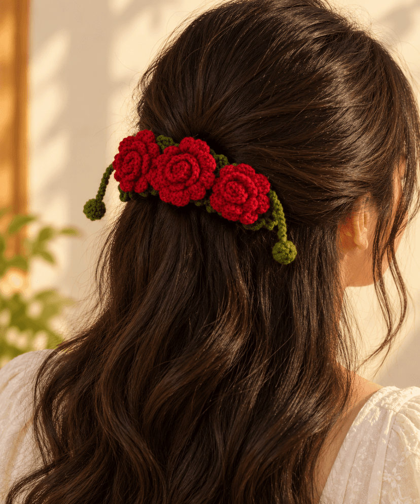 Handmade Red Rose Crochet Gajra for Traditional Hairstyles view 2