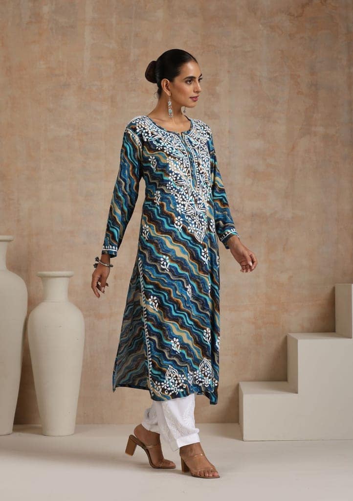 Rayon Chikankari Printed Women's Long Kurta - Blue view 3