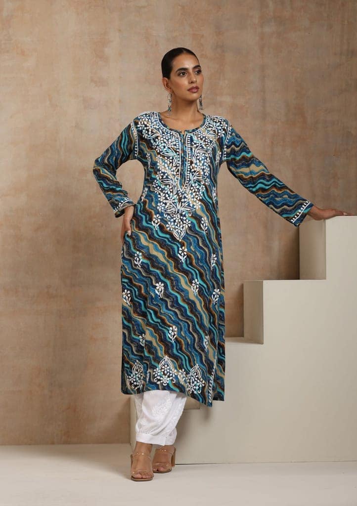 Rayon Chikankari Printed Women's Long Kurta - Blue view 5
